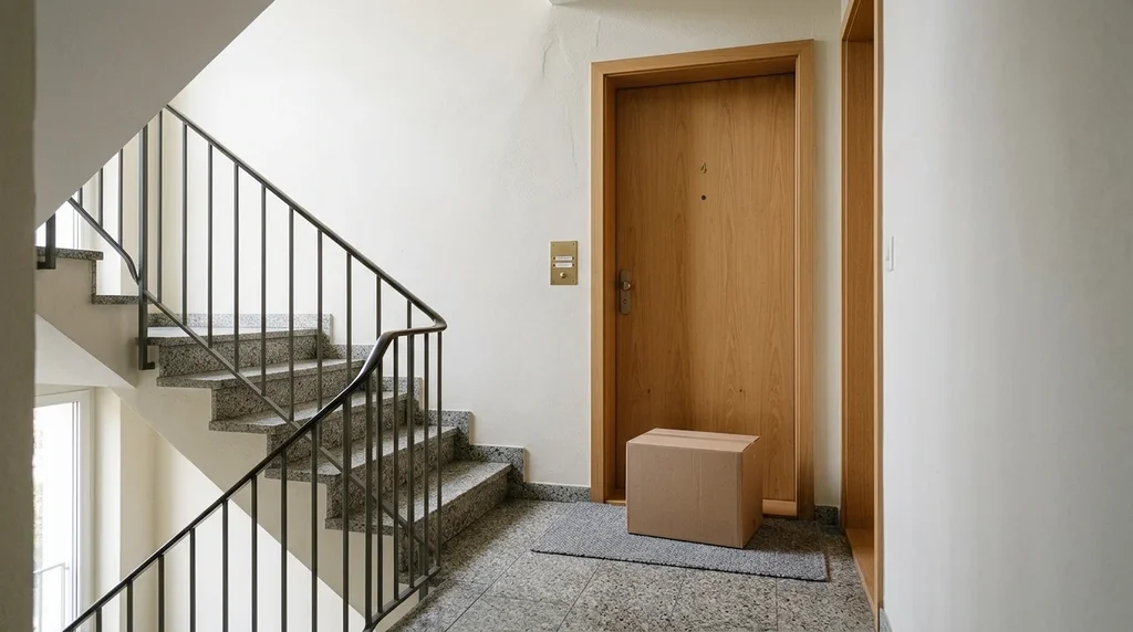 Colis en carton sans étiquette posé sur un paillasson devant une porte d’appartement, dans une cage d’escalier lumineuse.
