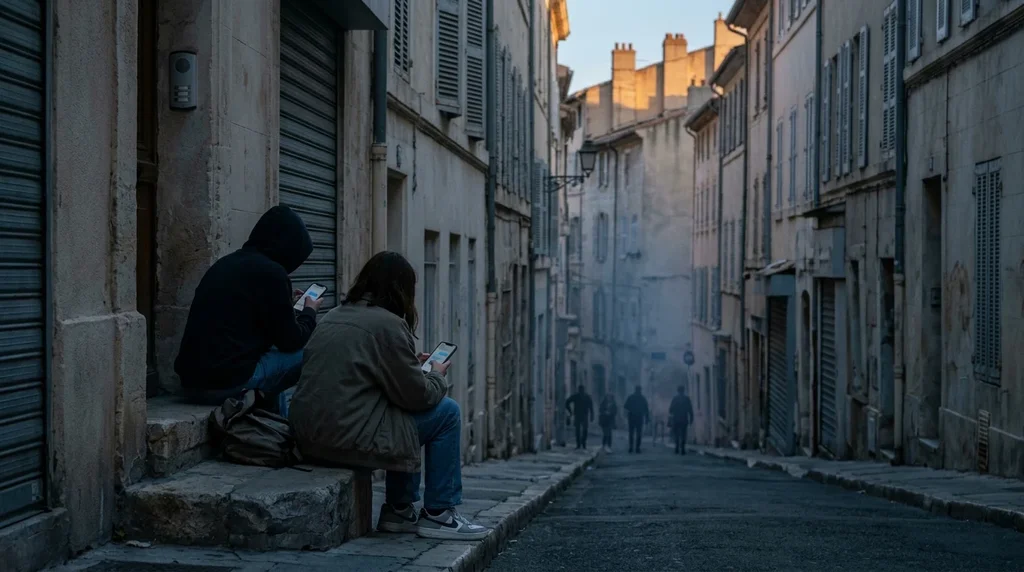 Deux jeunes assis de dos sur un seuil d'une ruelle de Marseille au crépuscule, regardant chacun leur smartphone