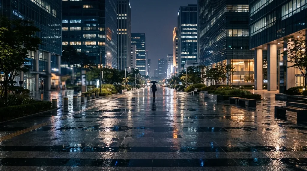 Rue mouillée d'un quartier d'affaires de Séoul la nuit, reflets de tours éclairées et passant lointain sous un parapluie