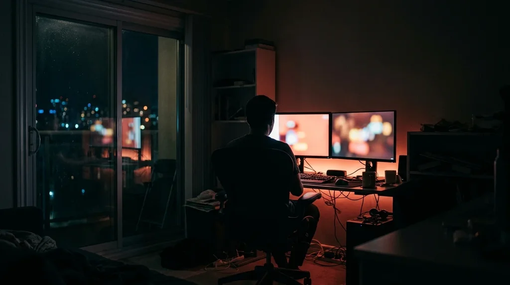 Silhouette vue de dos devant deux écrans à la lueur rouge, de nuit, dans un appartement sombre