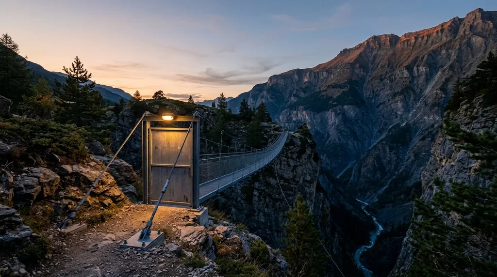 Passerelle suspendue au-dessus d’une gorge alpine au crépuscule, son accès fermé par une barrière métallique.