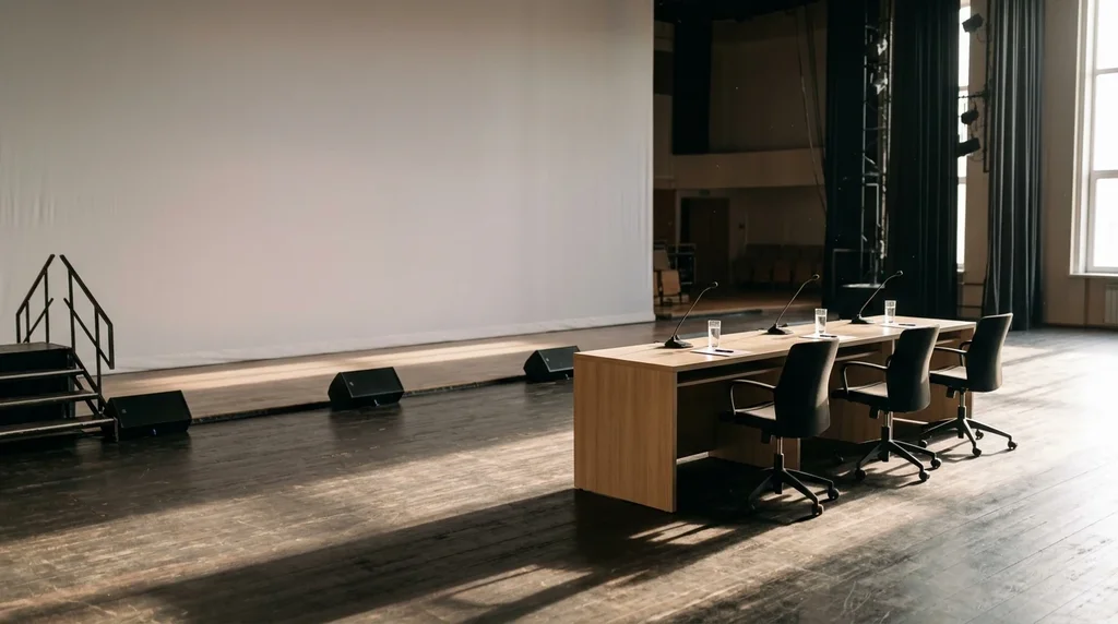 Scène de conférence vide le matin : table de panel, trois chaises inoccupées et micros, éclairée par de hautes fenêtres.