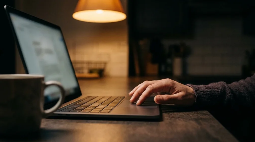 Main posée sur le pavé tactile d'un ordinateur portable sur un plan de cuisine, le soir sous une lampe chaude