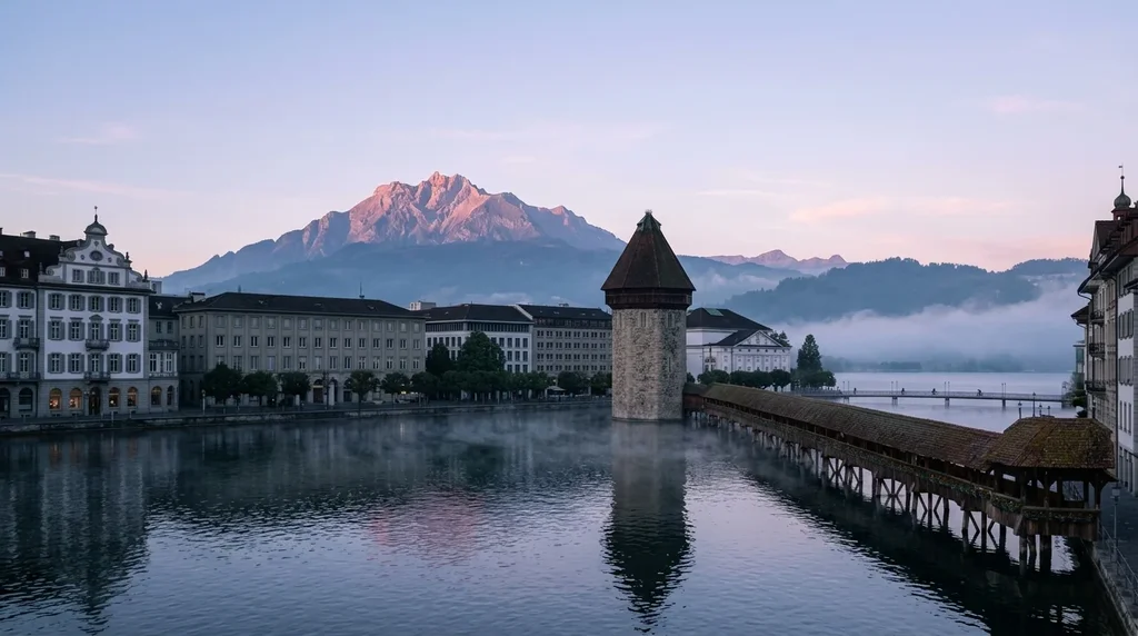 Lucerne au petit matin : la Reuss, le pont de la Chapelle et le Pilate dans une légère brume.