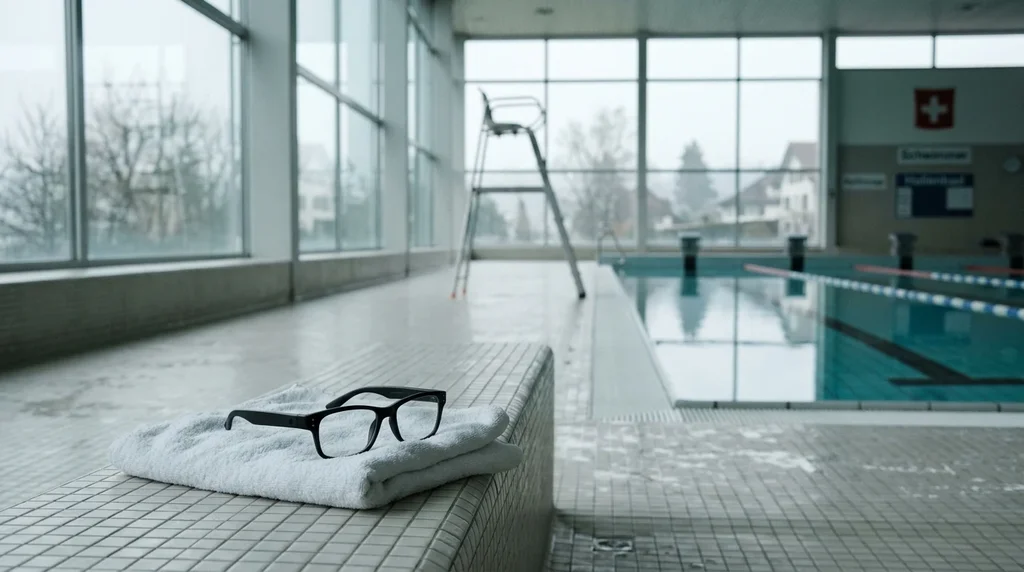 Lunettes munies d’une petite caméra posées sur une serviette au bord d’une piscine couverte vide.