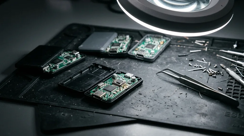 Portefeuilles matériels ouverts sur un établi, circuits exposés sous une lampe loupe, pince à côté.